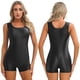 thumbnail image 3 of Traje de baño brillante para mujer, peleles de Color sólido, elástico, cuello redondo, Mono corto ajustado, Yoga, culturismo, gimnasio y Fitness, 3 of 5