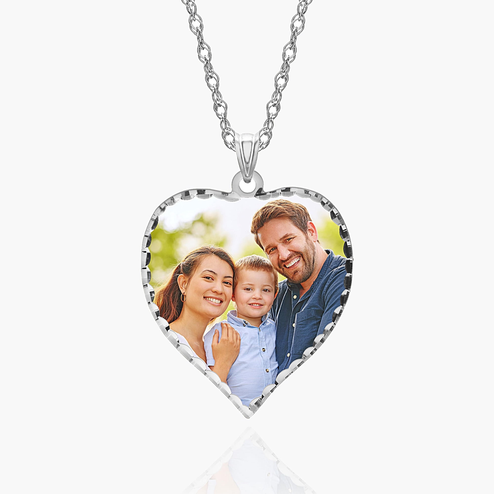PicturesOnGold.com Personalized Engraved Picture Necklace Heart Shaped Custom Pendant/Photo Customized Necklace with Picture Inside Diamond Cut Edge - 1 Inch x 1 Inch (14k White Gold, Photo Only)