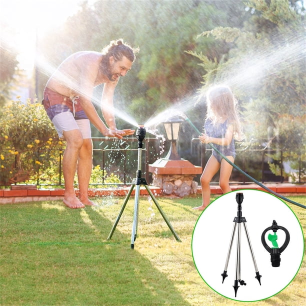Aspersor de trípode giratorio de acero inoxidable con soporte telescópico y rotación automática de 360 grados.