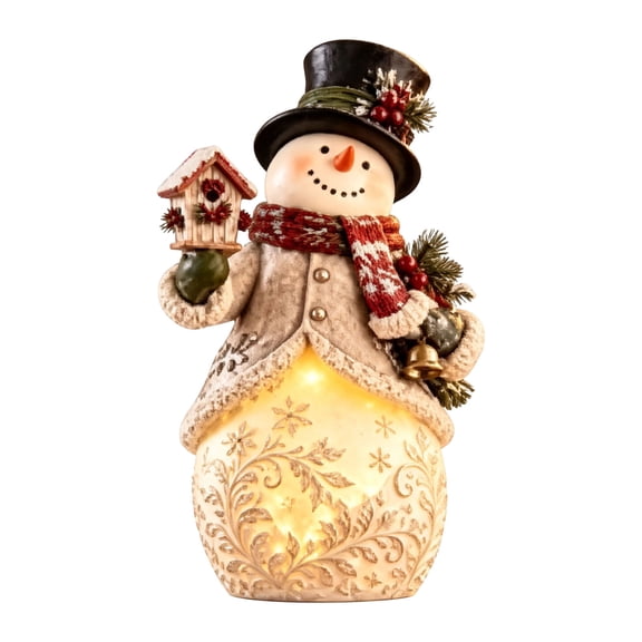 Light Up Snowman Figurine Christmas Tabletop Decor, Warm LED Glow, Carved Snowflake Design, Resin Winter Snowman Statue for Mantel Shelf Indoor Holiday Decoration & Christmas Gift