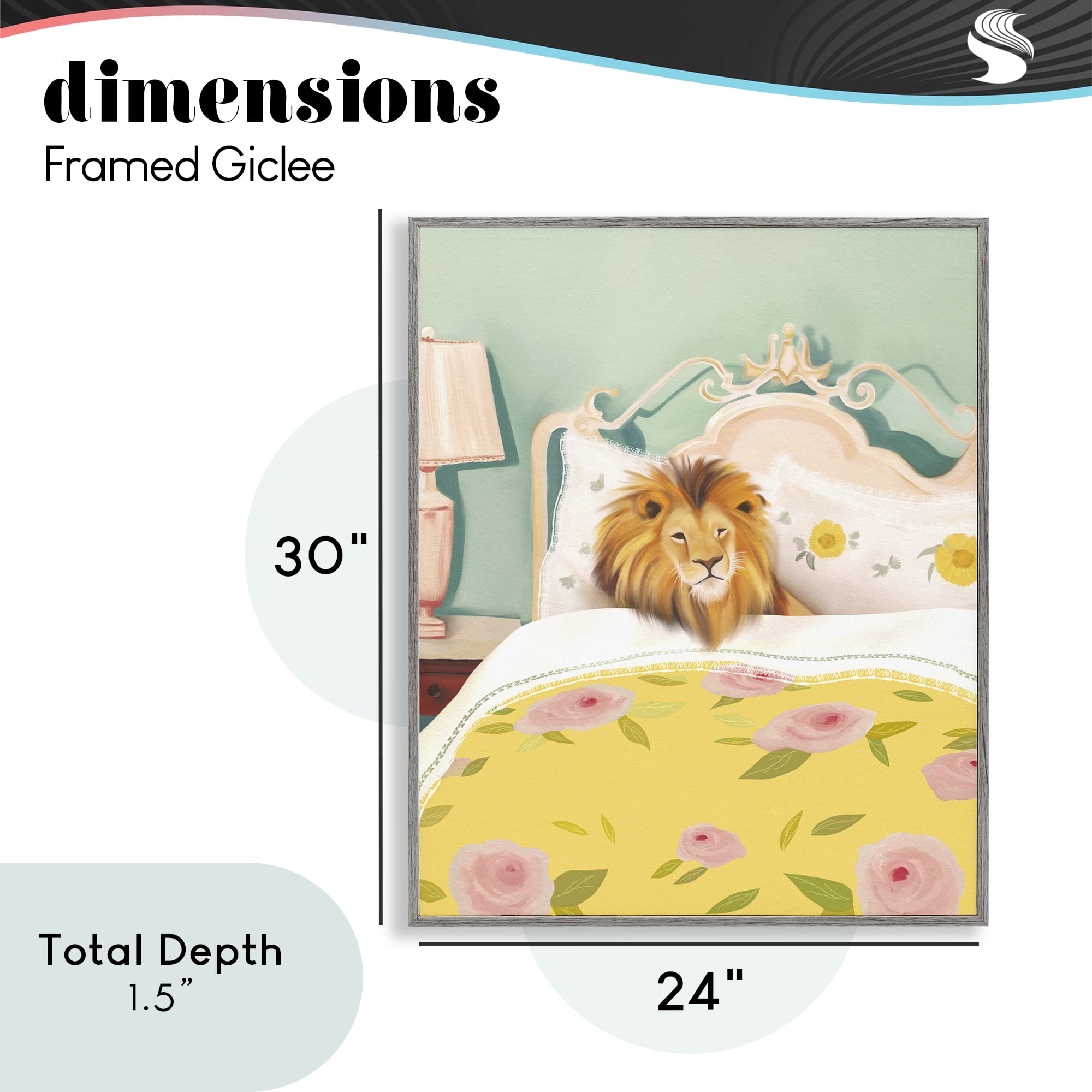 Good Morning Lion in Bed Gray Framed Giclee Art, design by Leah Straatsma