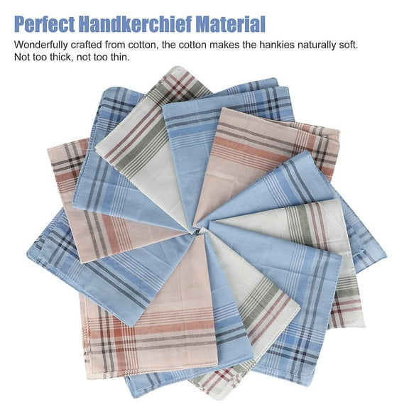 Men's Cotton Plaid Hankies Set, 12 Pieces 15x15 Inch Soft Pocket Squares