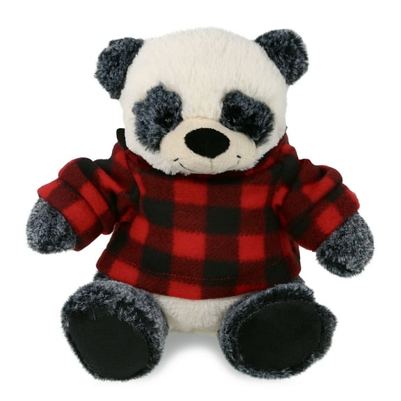 DolliBu Super Soft Sitting Panda Stuffed Animal with Plaid Red Hoodie Sweater - Cute Panda Plush Lumberjack Stuffed Toy with Plaid Jacket Dress Up for Christmas, Holiday, Winter - 9 Inches