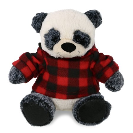 DolliBu Super Soft Sitting Panda Stuffed Animal with Plaid Red Hoodie Sweater - Cute Panda Plush Lumberjack Stuffed Toy with Plaid Jacket Dress Up for Christmas Holiday Winter - 9 Inches