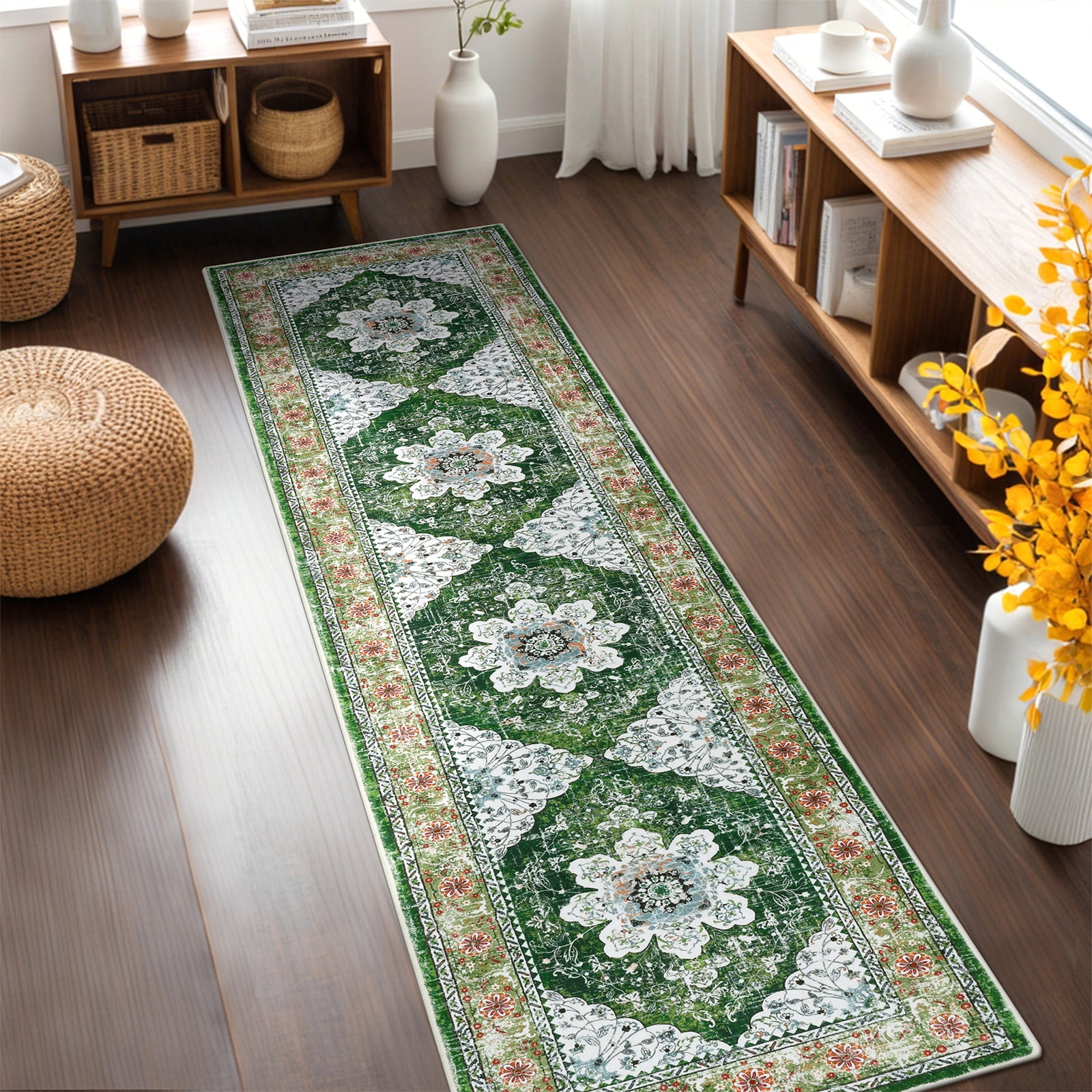 MeyJey Oriental Indoor Runner Rug for Hallway 2'x8', Non-Slip Machine Washable Vintage Area Rug Floor Carpet for Bedroom Kitchen Dinning/Living/Laundry Room, Green