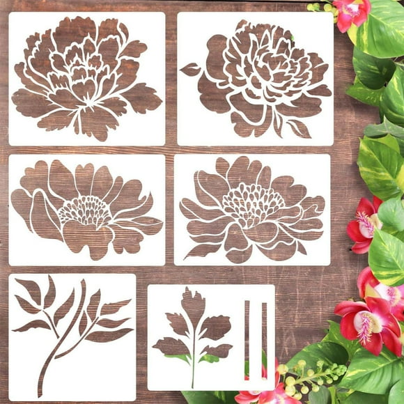 Fiudx Plantillas para Pintar Peonías, Plantilla de Flores Grandes para Valla de Jardín, Decoración Reutilizable para Muebles de Madera, Diseño de Arte Mural Diy, Herramienta para Pintar Multisuperfic
