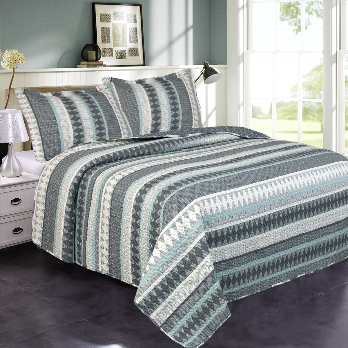 Stripe Grey Green 3 Piece Quilt Bedding Set, Full/Queen Size,Bedspread ...