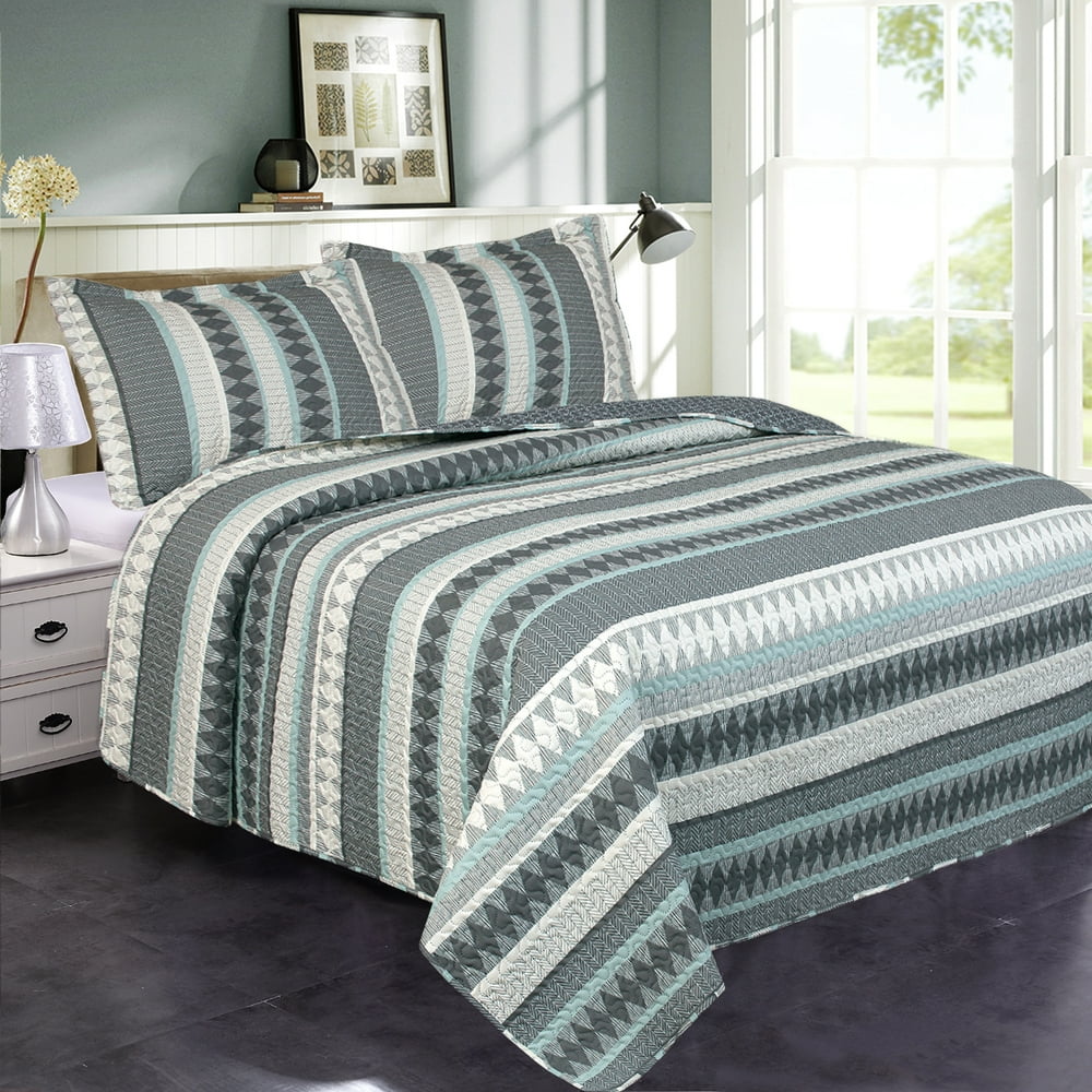 Stripe Grey Green 3 Piece Quilt Bedding Set, King Size,Bedspread