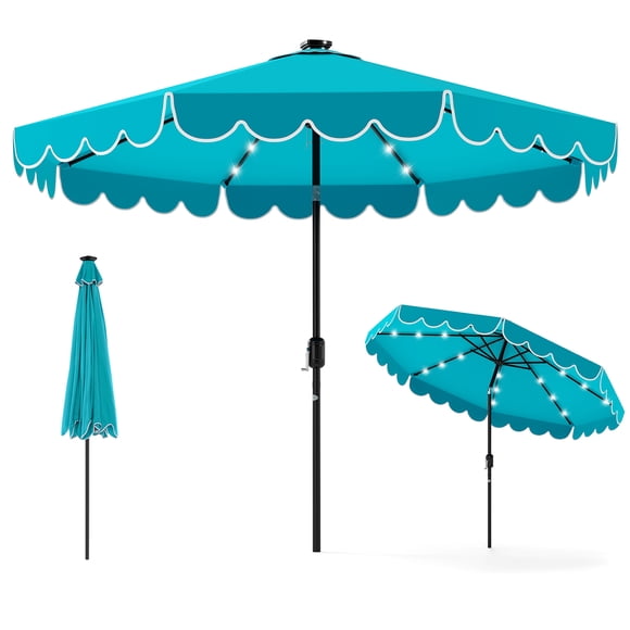 Gymax Parasol de Patio Solaire de 9,3 Pi avec 32 Lumières DEL et Toit Ventilé et Volants Beige Turquoise
