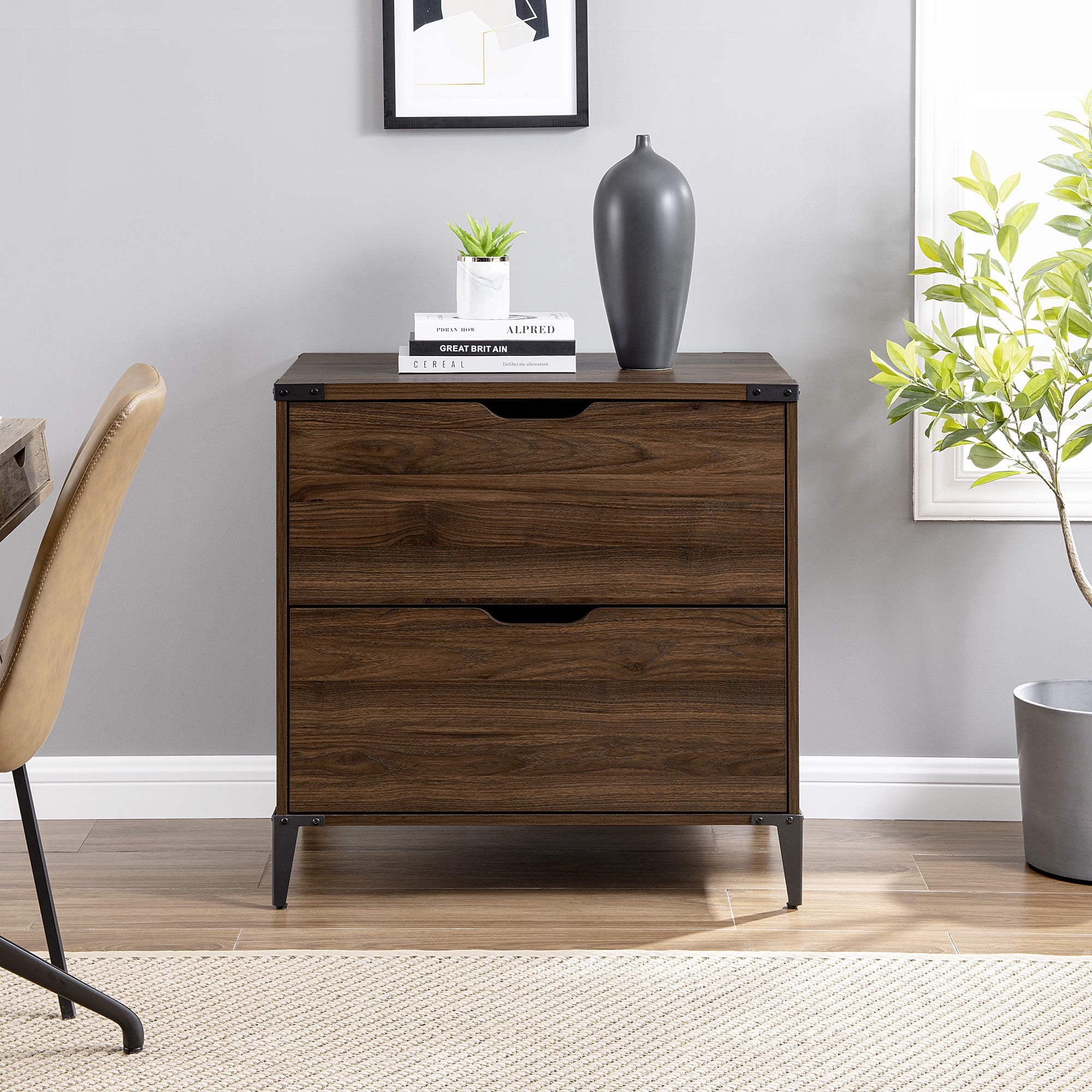 Walker Edison Modern Industrial 2-Drawer File Cabinet, Dark Walnut