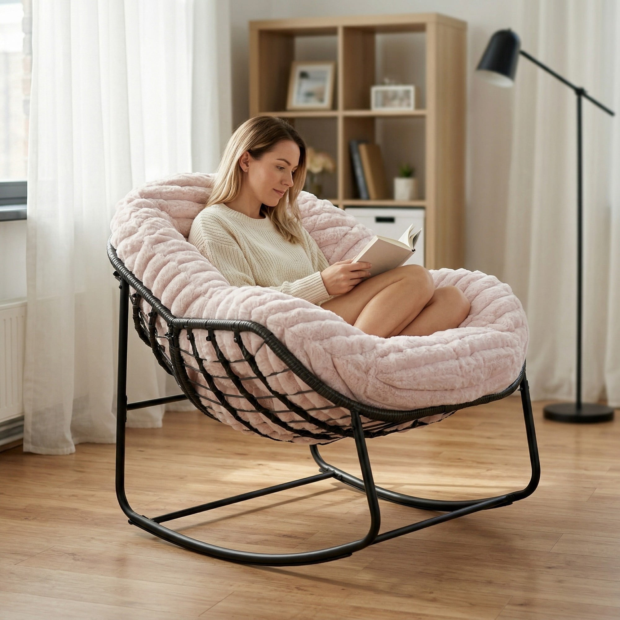 Outdoor Papasan Rocking Chair, Oversized Egg Chair with Cushion, Wicker Rattan Patio Rocker, Indoor Outdoor Lounge Chair for Porch Garden Living Room, Pink