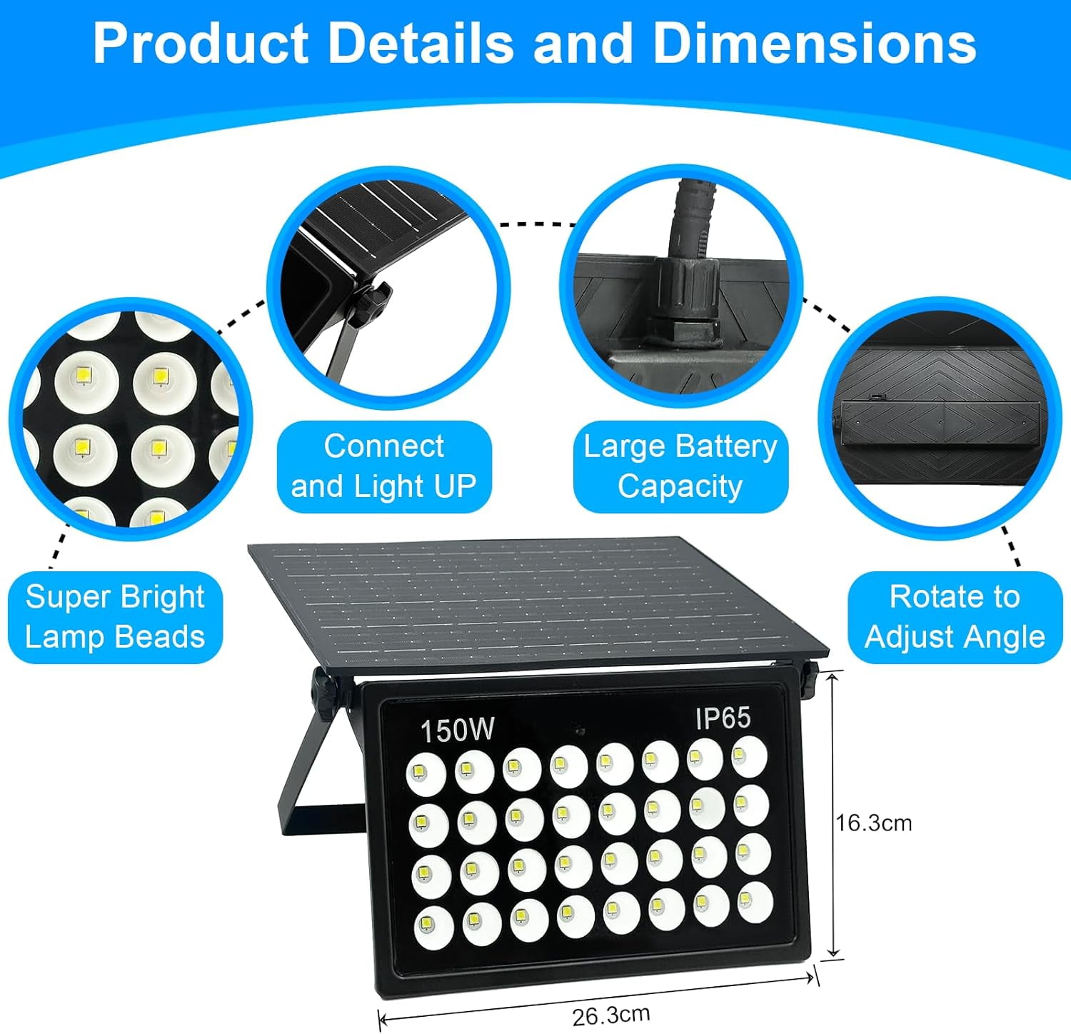 Indmird 150W Solar Powered Security Lights, Solar Lights Outdoor Waterproof, Dusk to Dawn  6500K Cool White, for Porch, Patio, Yard, Garage, Garden