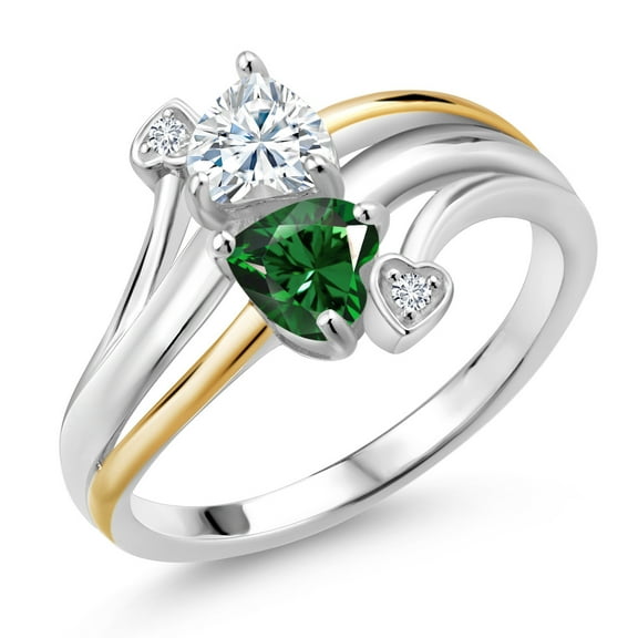 Gem Stone King 925 Silver and 10K Yellow Gold Green Nano Emerald Lab Grown Diamond Ring Set with Moissanite (0.94 Cttw, Size 6)