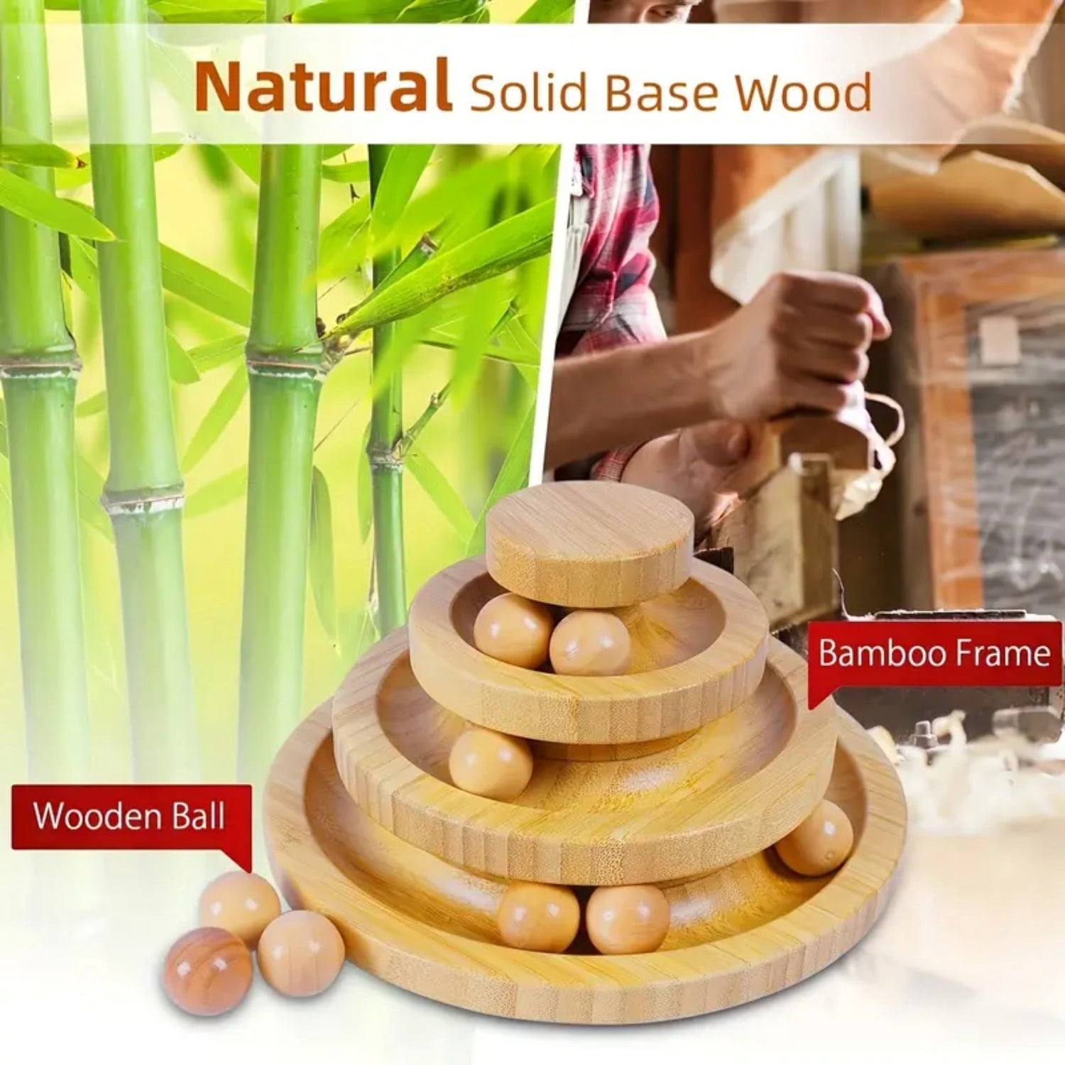 1pc Natural Bamboo Cat Ball Track Toy - 3 Layer Tower, 9 Detachable Balls, DIY Interactive Toy for Kitten's Exercise, Entertainment, and Festival Gifts