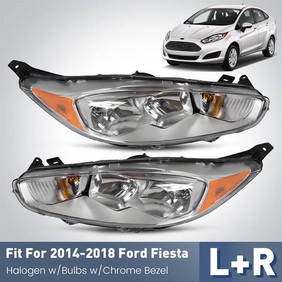 Halogen Headlight For 2014-2018 Ford Fiesta Chrome Bezel w/ Bulb Left Right Pair
