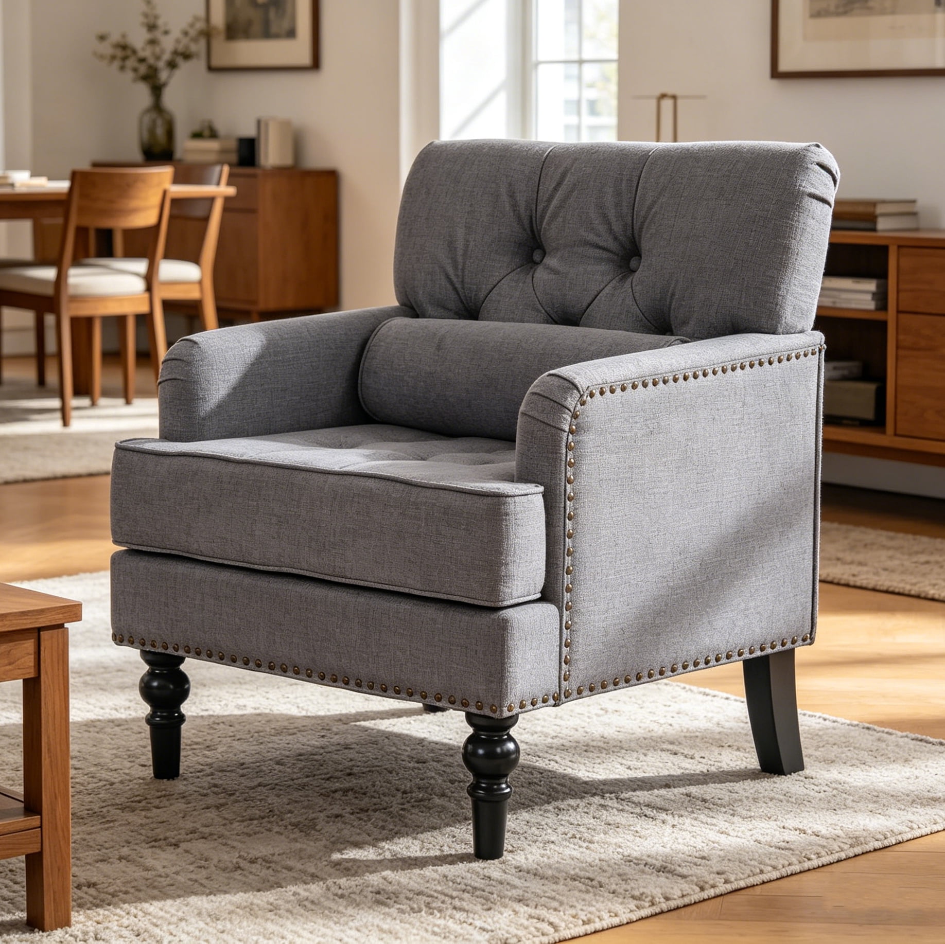 Aukfa Tufted Accent Chair, Mid Century Modern Linen Armchair with Nailhead Trim & Rubber Wood Legs for Small Spaces,Gray