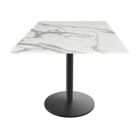 Indoor/Outdoor 30" Tall OD214 Black Table Base with 22" Diameter Foot and 36" x 36" Square Indoor/Outdoor White Marble Top by the Holland Bar Stool Co.