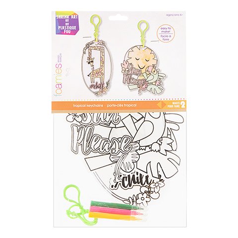 Make cute danglers with this tropical keychain shrink art kit. Designs