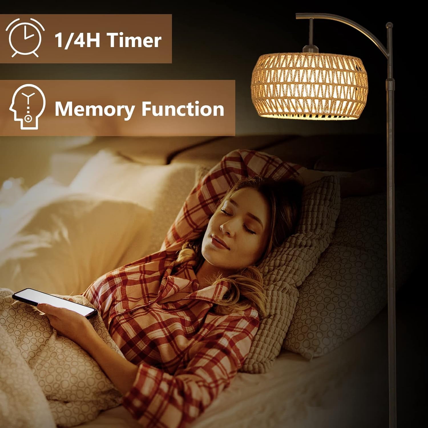 Arc Floor Lamp with Remote Control, Dimmable LED, Rattan & Fabric Shade, Black/Brown