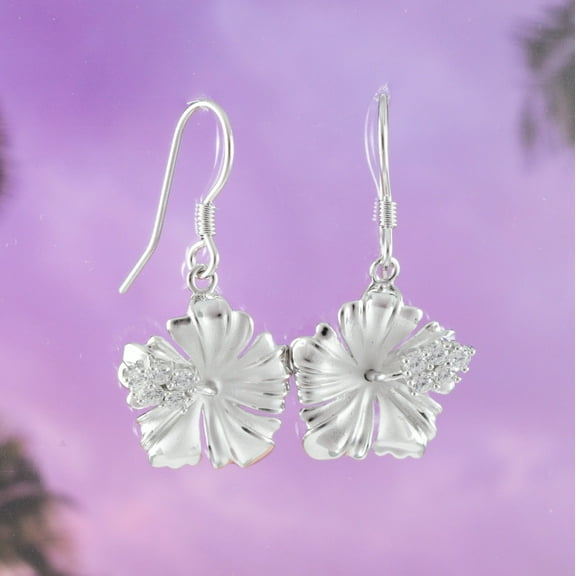 Beautiful Hawaiian Hibiscus Earring, Official Hawaii State Flower, Sterling Silver Hibiscus CZ Dangle Earring, E4124 Birthday Wife Mom Gift