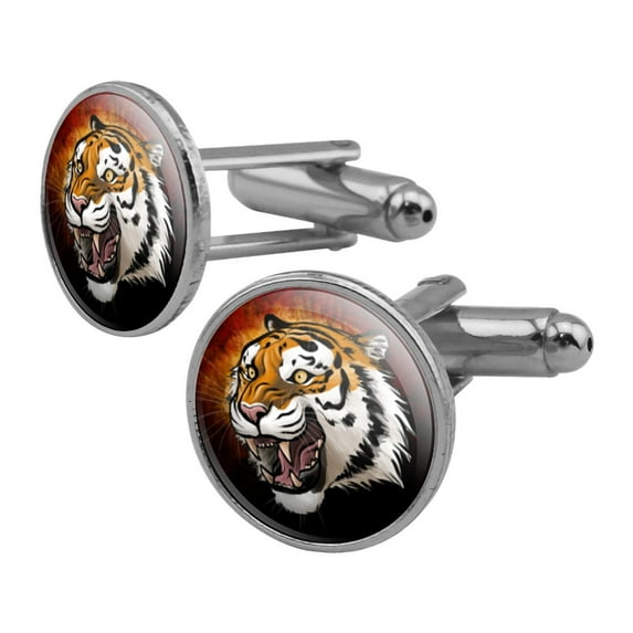 Fierce Tiger Round Cufflink Set Silver Color