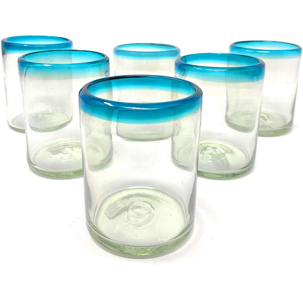 Dos Sueños Hand Blown Mexican Drinking Glasses 6 Tumbler Glasses Aqua