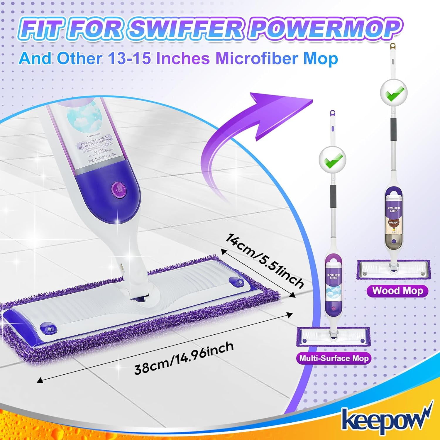 Keepow Reusable Power Mop Pads Compatible with SwifferPowerMop, 4 Pack