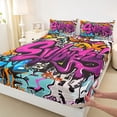 thumbnail image 3 of Homewish Chic Street Graffiti Full Size Sheets for Kids, Cartoon Watercolor Bed Sheets, Fashion Artwork Theme Sheet Sets, Lightweight Room Decor, 4pcs, 3 of 7