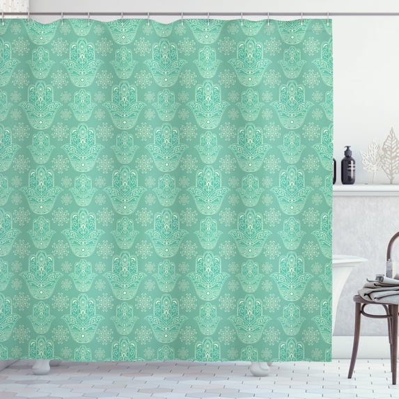 Hamsa Shower Curtain, Ornate Motifs with Curlicues and Doodle Style Flowers Middle Eastern Mandala, Fabric Bathroom Set with Hooks, 69W X 84L Inches Extra Long, Cream and Sea Green, by Ambesonne