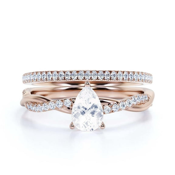 Gorgeous Art Deco 1.75 Carat Pear Cut Diamond Moissanite Engagement Ring,One Matching Band, Twisted Band Wedding Ring in 925 Sterling Silver With 18k Rose Gold Plating Gift For Her Promise Ring