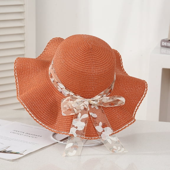 SikaFu Version Of Red Flower Ribbon Straw Hat Ladies New Bow Wavy Sun Hat Seaside Beach Hat