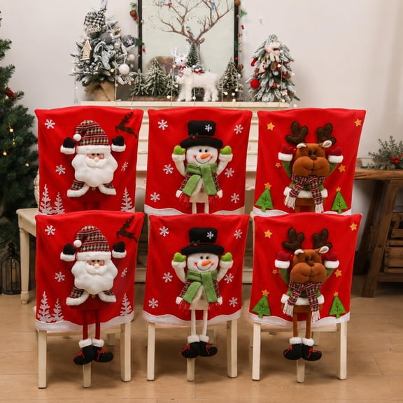 Christmas Chair Covers Set of 6/3/1, 3D Cute Dining Room Christmas Themed Folding Chair Back Covers, Santa Claus Snowman Reindeer Xmas