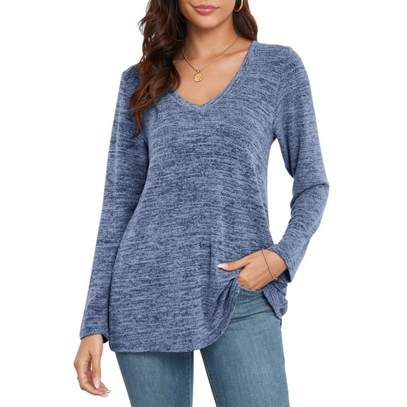 Casual Tunic Tops for women, CRAYNER Casual Loose Fit V-Neck T Shirt with Pocket Long Sleeve Fall Winter Blouses, L