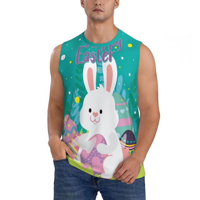 Fotbe Happy easter Men's Camiseta sin Mangas Estampada para Hombres, Playera Casual para Gimnasio, Entrenamiento, Playa-X-Large