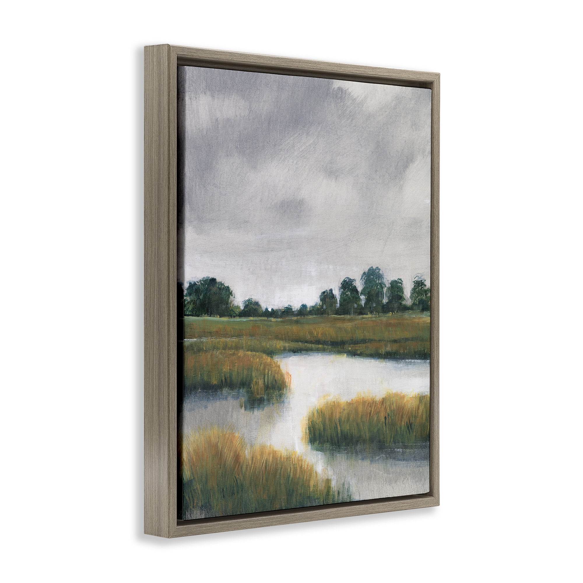 Stupell Industries Cloudy Rural Marsh Landscape Landscape Painting Brown Floater Framed Canvas Art Print Wall Art, 25 x 31