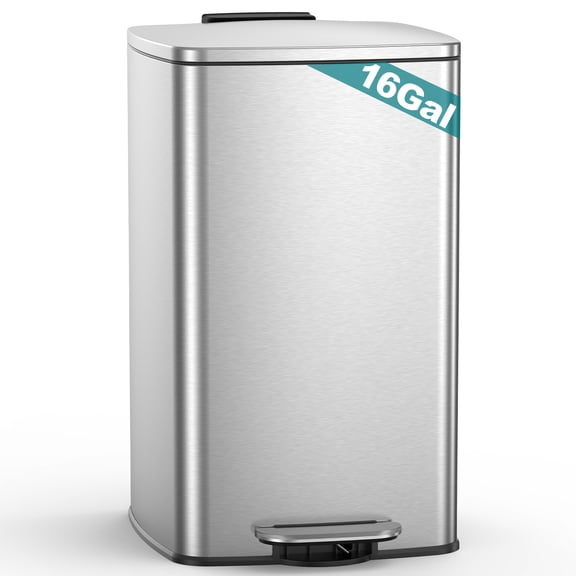 Lovewind Kitchen Trash Can, 16 Gallon/ 60 Liter Stainless Steel Garbage Can, Soft-Close Lid, Removable Inner Buckets, Recycling Bin for Kitchen Office, Silver