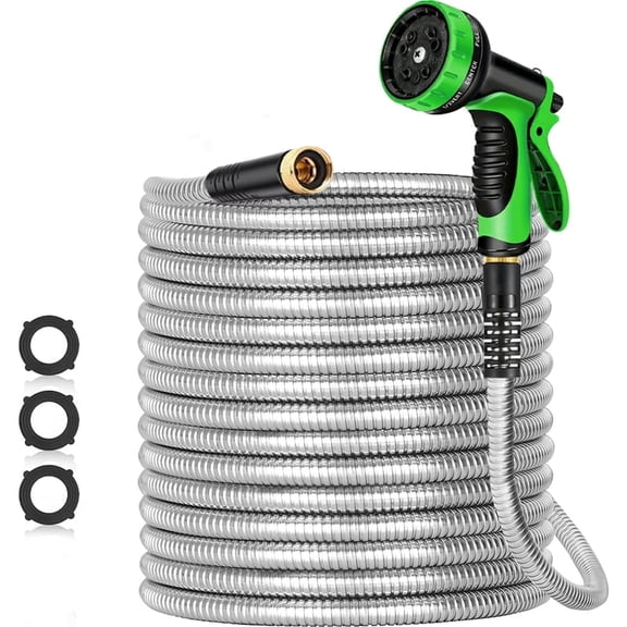 Garden Hose 50ft, Heavy Duty Stainless Steel Water Hose with 10 Functional Nozzles, No Kink, Lightweight and Flexible, Easy to Use and Store, Strong and Sturdy, Suitable for Yard and Lawn
