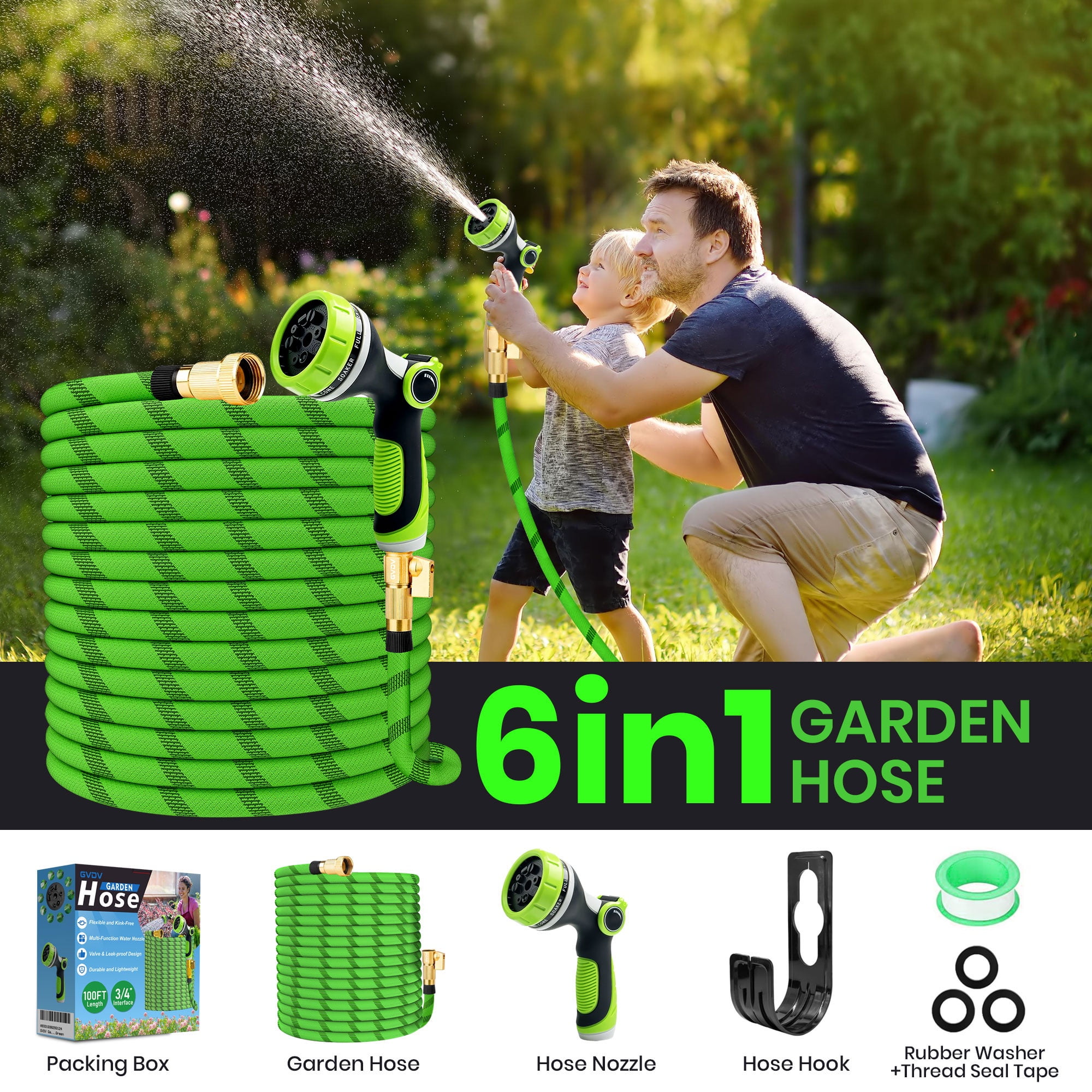GVDV Garden Hose, 3/4" x 100ft Water Hose with 10 Function Spray Nozzle, Light Weight, 375Psi