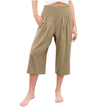 DeHolifer Girls Capris Pants Casual Elastic High Waist Solid Color Loose Wide Leg Trousers Cropped Pants 4 Years