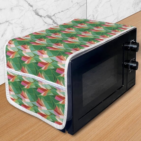 Abstract Microwave Oven Cover, Stained Glass Inspired Pattern with Floral Motif Mosaic Summer Elements, Water Resistant Organizer with Pockets Kitchen, 36" x 12", Pink Coral and Green, by Ambesonne
