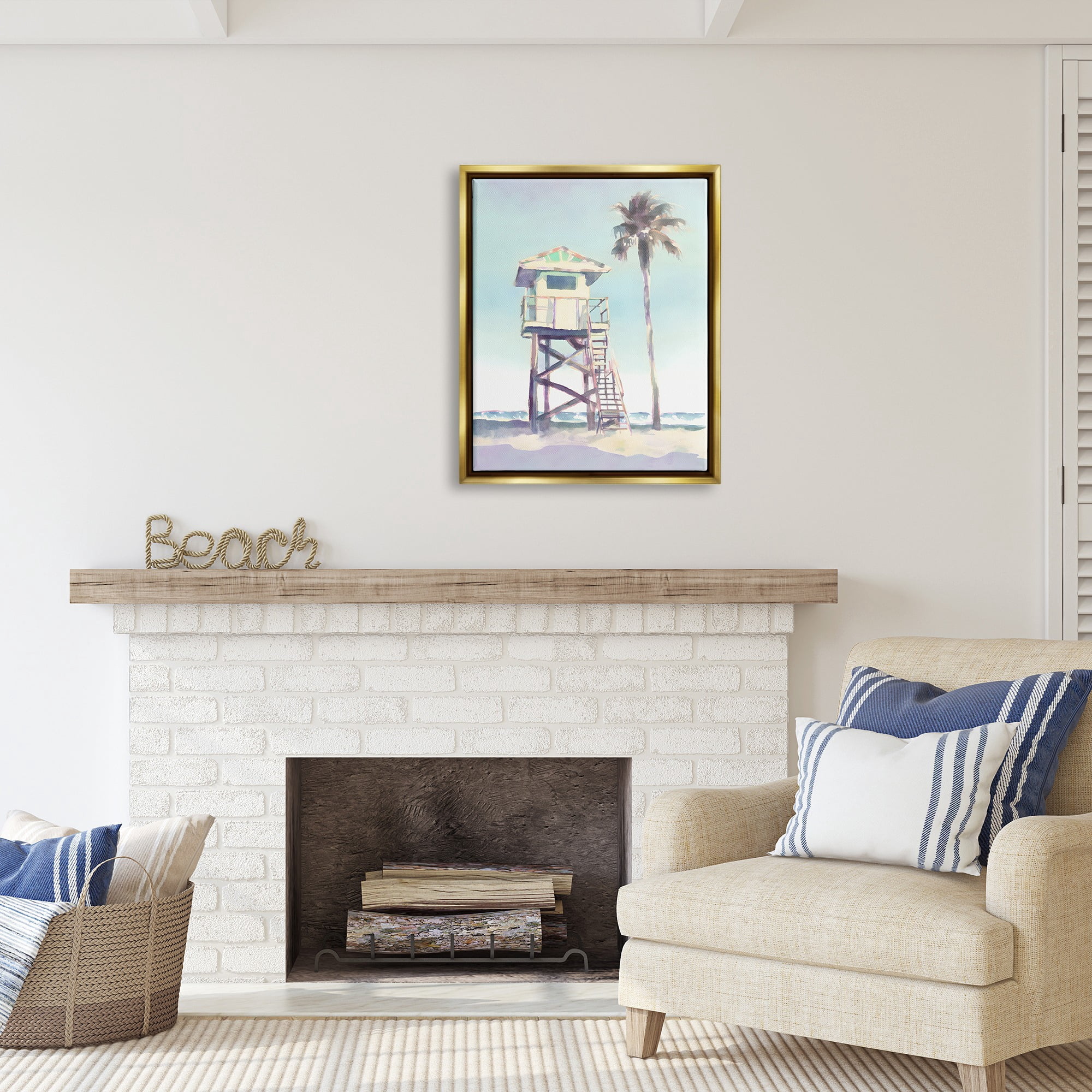 Stupell Industries Muted Beach Hut Landscape Painting Gold Floater Framed Canvas Art Print Wall Art, 25 x 31