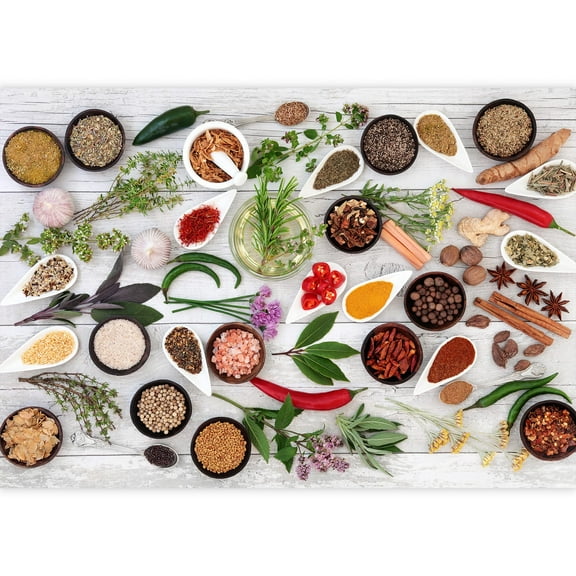 wall26 - Large herb Food Seasoning Sampler Over Distressed White Wood Background. - Removable Wall Mural | Self-Adhesive Large Wallpaper - 100x144 inches
