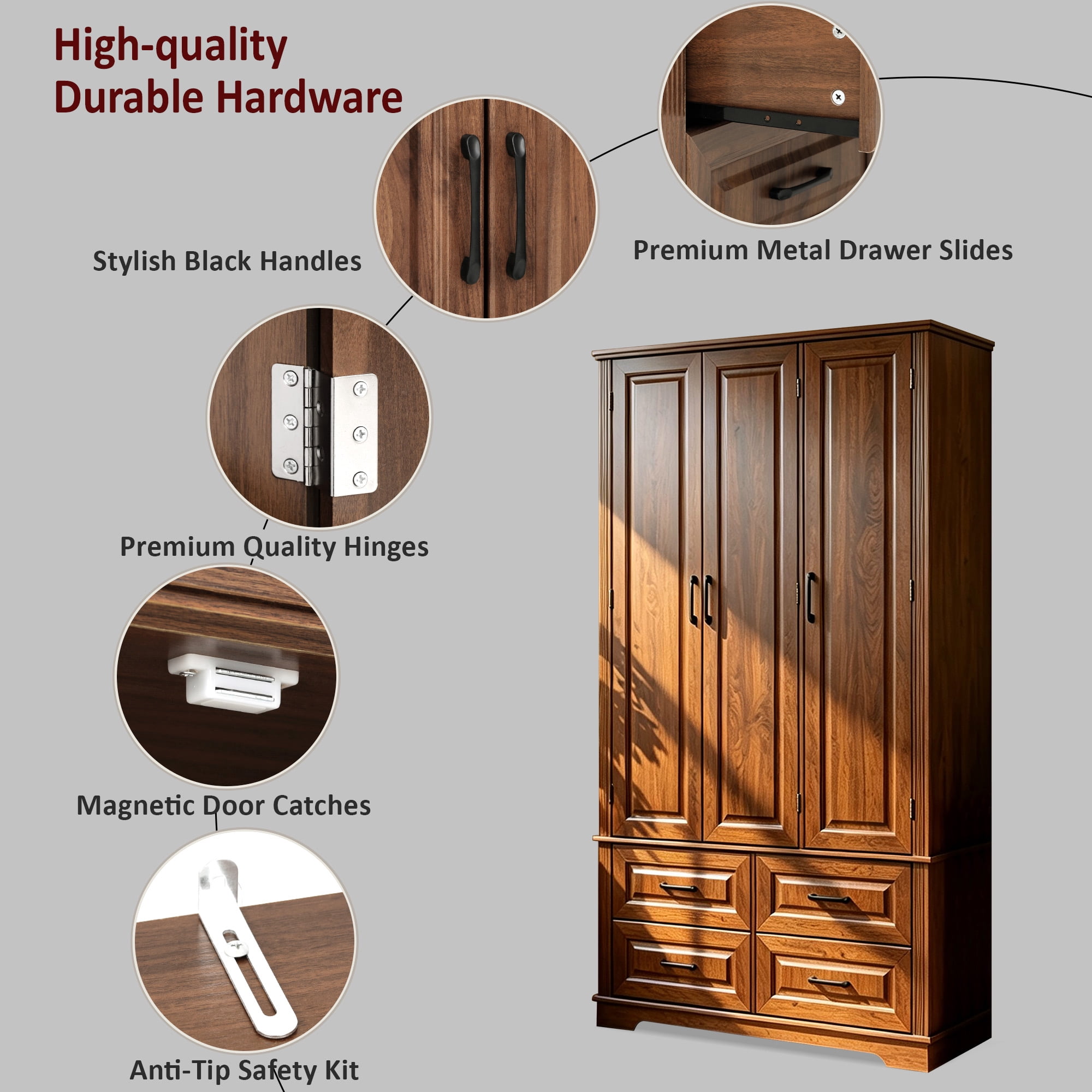 GARITIN 72 Inch Kitchen Pantry Cabinet with 3 Pull Out Trays, Farmhouse Embossed Wood Grain Storage Cabinet with 5 Door Racks, Freestanding Cupboard for Kitchen Dining Room, Walnut Brown
