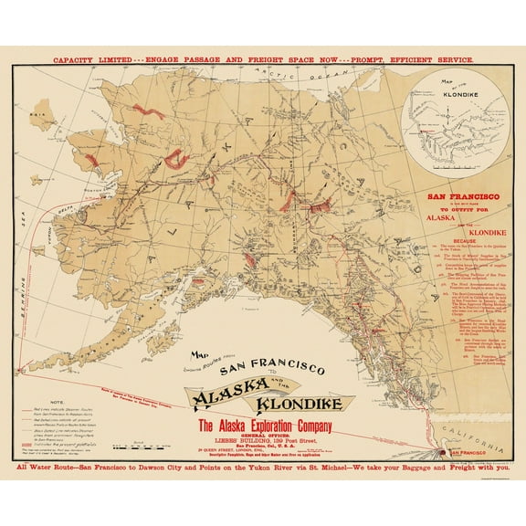 Historic Mine Map - San Francisco to Klondike Alaska Routes - Davidson 1898 - Vintage Wall Art
