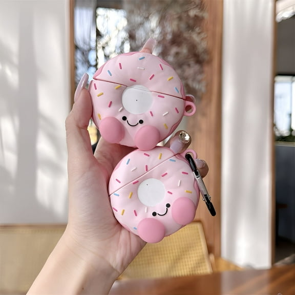 GJX Cute Cartoon Donut Case for Bluetooth Earbuds Charging Box Protective Earphone Case Cover (Pink, for AirPods 4)