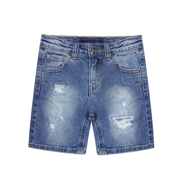 KIDSCOOL SPACE Baby Girls Boys Jeans Shorts,Ripped Fake Patched Design Cute Summer Denim Pants,Blue,3-4 Years