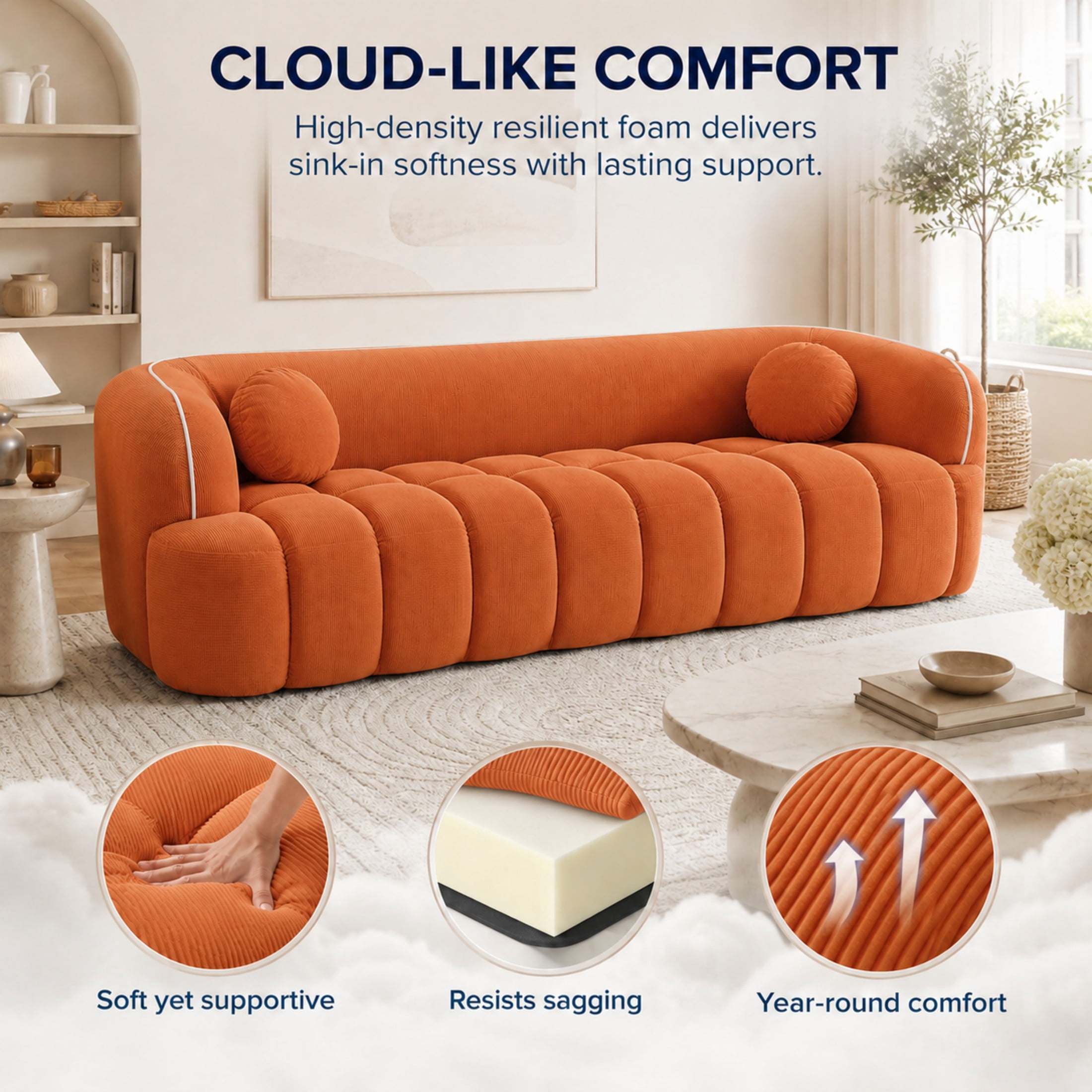 Aenkyo 99 Inch Corduroy Cloud Sofa Couch with Round Pillows, No Assembly, Orange