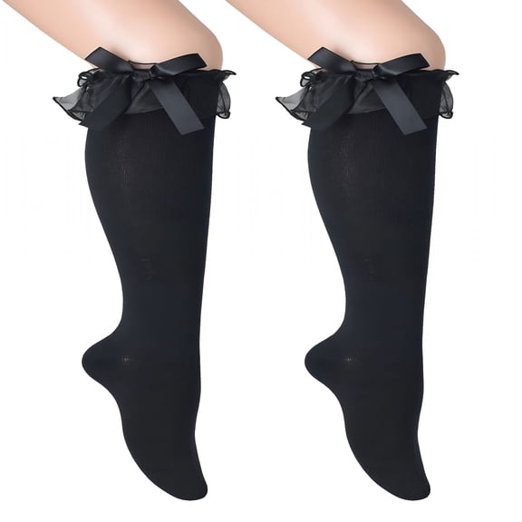 OQRKI Women's Girl Cotton Knee High Socks with Lace Ruffle Trim, Calf Socks Bow Style