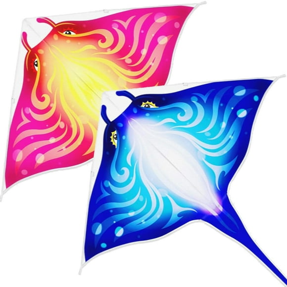 Mint's Colorful Life 2 Pack Devil Fish Kite for Kids Adults,Easy to Fly Delta Kite Single Line Large, Kite Handle Include (Blue&Pink)