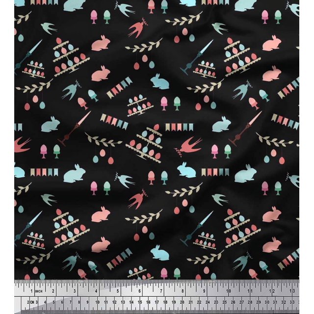 Soimoi Rayon Crepe Fabric Celebration Flag,Rabbit & Egg Easter Print Fabric by The Yard 46 Inch Wide